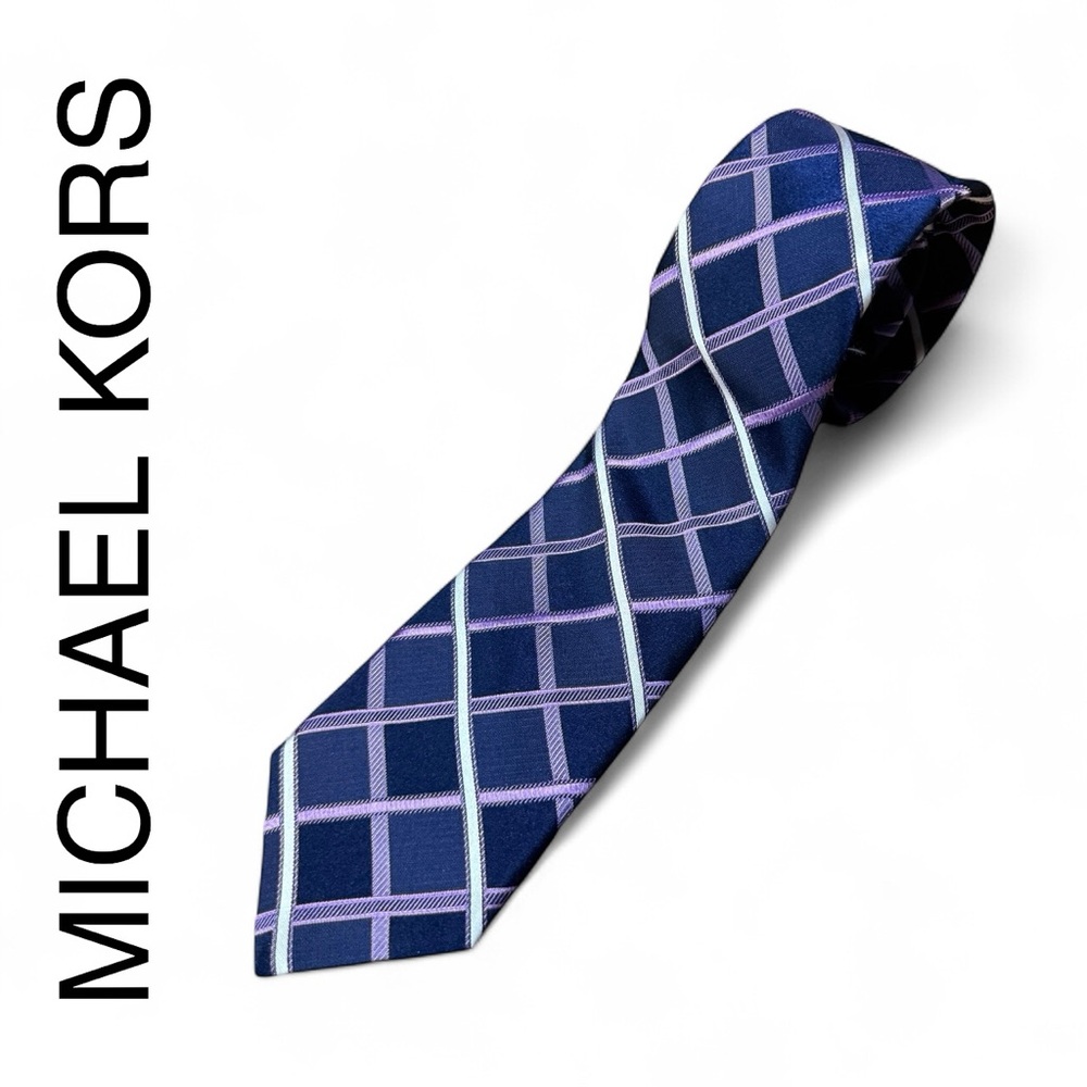 Michael Kors Navy and Lavender Spaced Grid Design Silk Tie